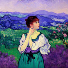 Young woman in traditional dress surrounded by purple flowers near serene lake and town - idyllic painting-like