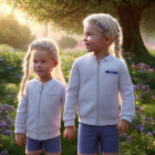 Two children in forest clearing: one in cap, one in headband