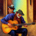 Colorful painting of two elderly men in hats, one playing guitar.