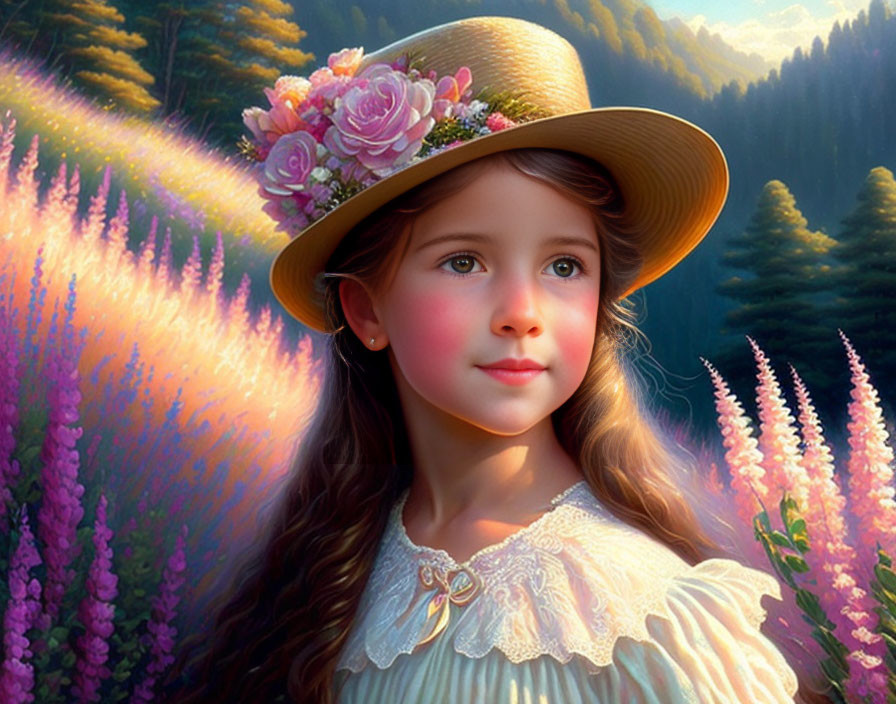 Young girl in straw hat among lavender field and forest.