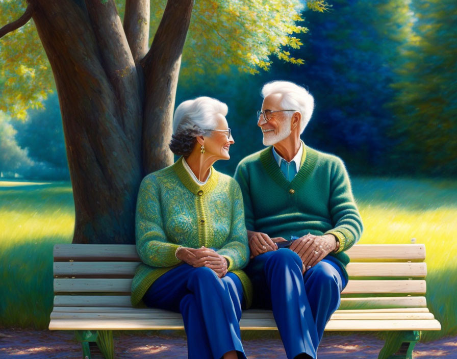 Elderly couple smiling on park bench under sunlight