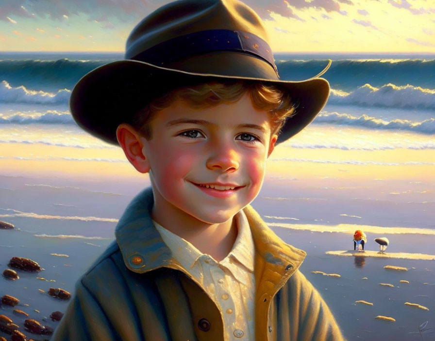 Smiling boy in hat on beach at sunset with ocean and distant figures