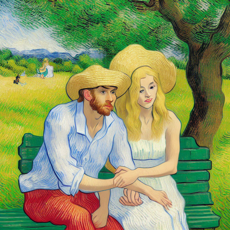 Colorful Man and Woman in Straw Hats on Green Bench with Rural Background