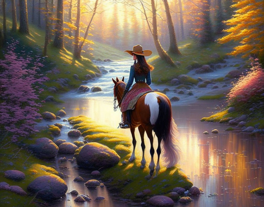 Person on horseback in serene forest glade with golden light and gentle stream.