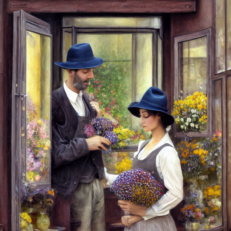 Vintage Attired Man and Woman Exchanging Flowers by Open Door on Sunny Day