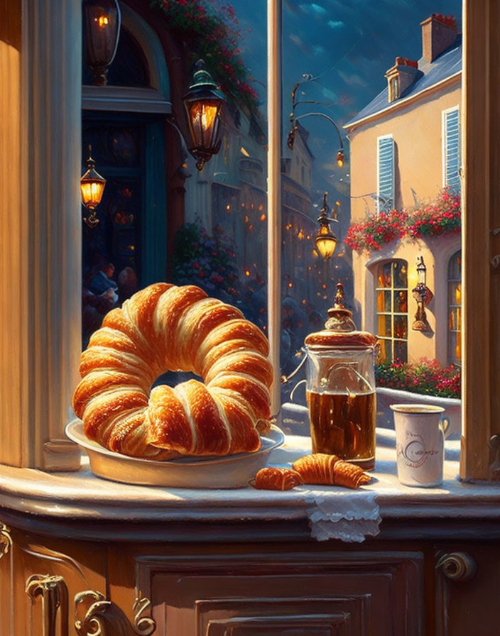 Freshly Baked Croissant and Coffee on Windowsill with Quaint Street View at Dusk