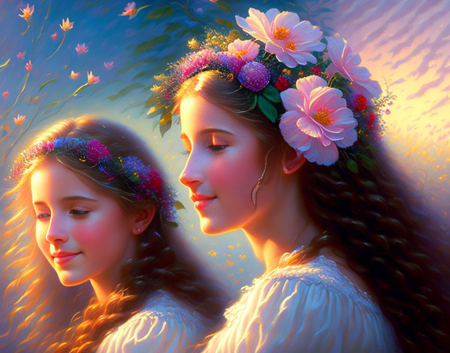 Portrait of Two Girls with Floral Wreaths and Braided Hair