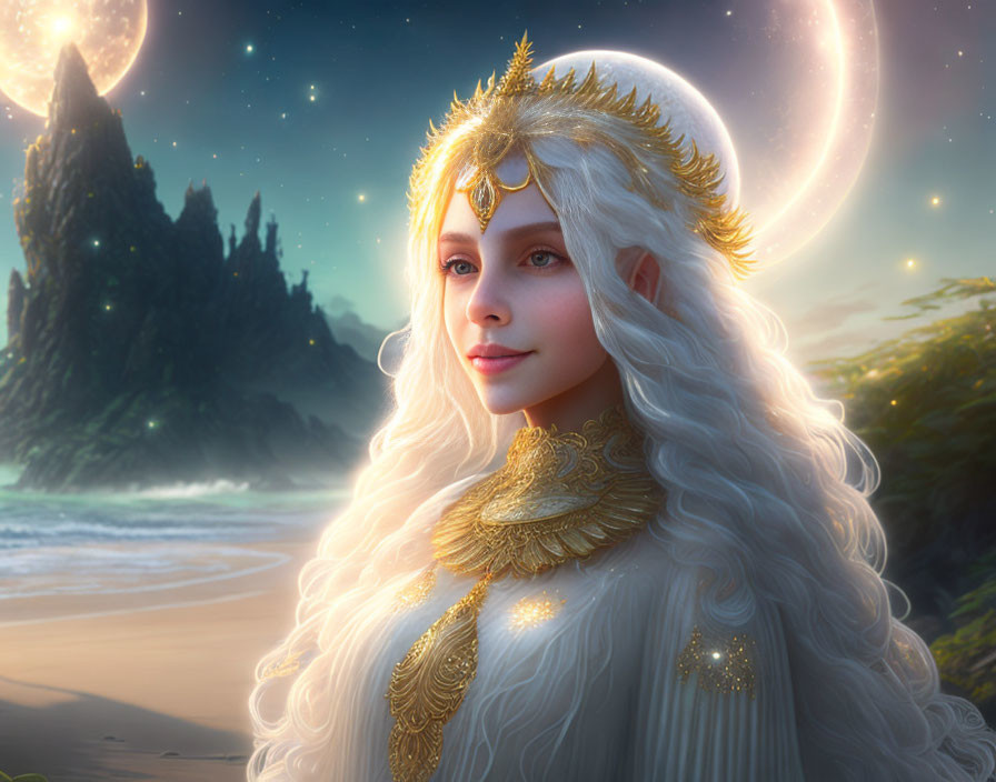 Ethereal woman with white hair and golden crown in fantasy portrait