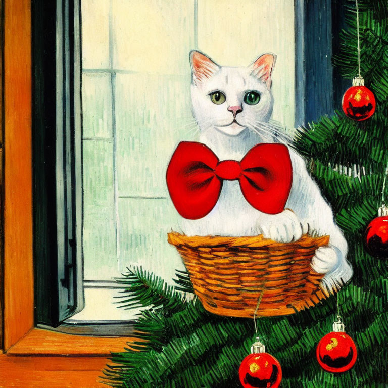 White Cat with Red Bow in Basket by Window with Christmas Decor