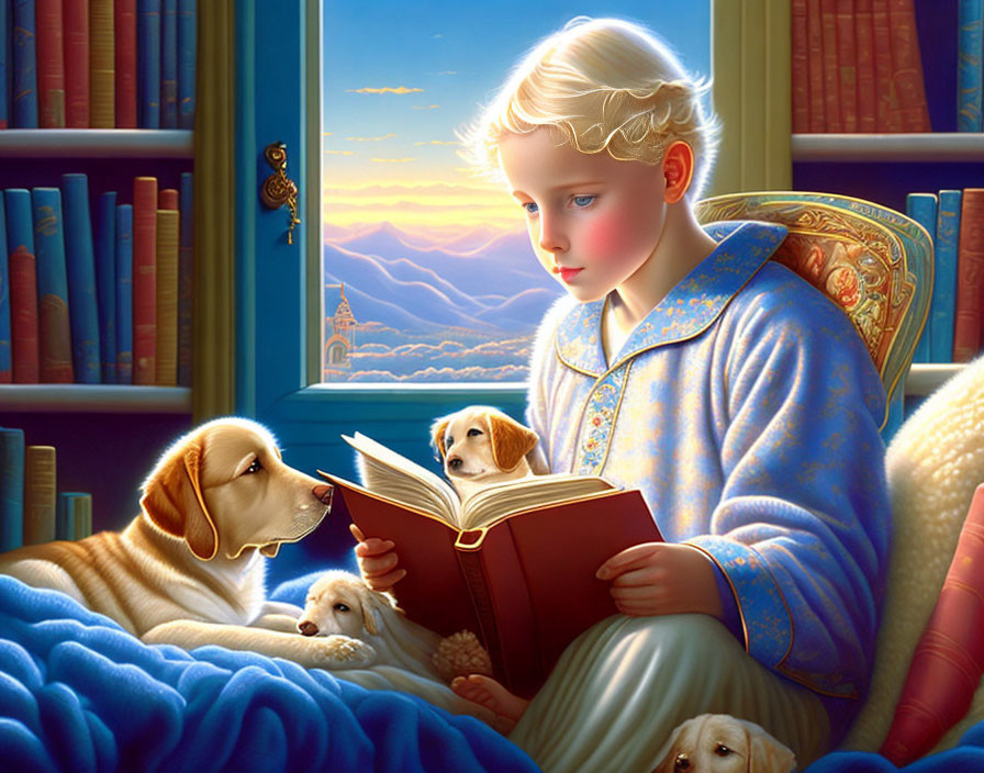 Child Reading Book Surrounded by Puppies and Lambs in Cozy Sunlit Room