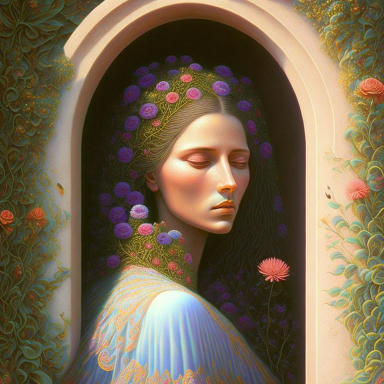 Serene woman with flowers in hair in arched doorway surrounded by floral patterns