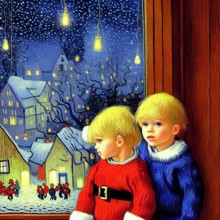 Children looking at snowy evening scene with vintage street lights.