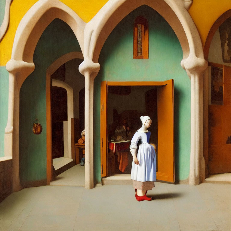 Traditional dressed woman in sunlit courtyard gazes at shadowy doorway