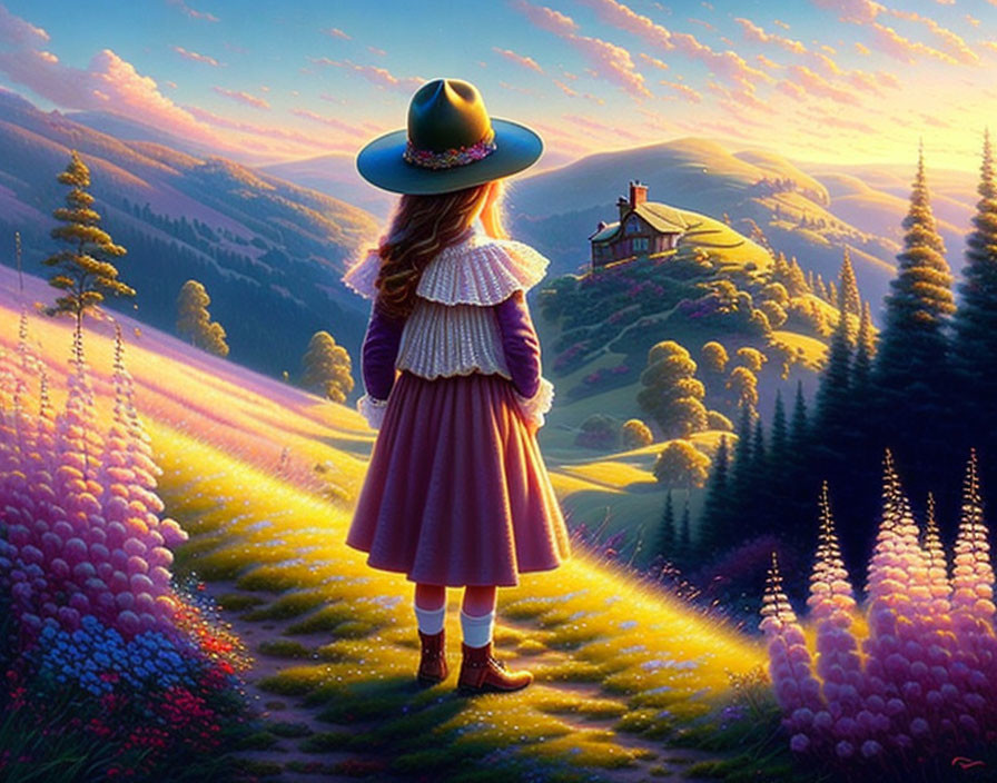 Girl in dress and wide-brimmed hat gazes at house on sunlit hillside with flowers