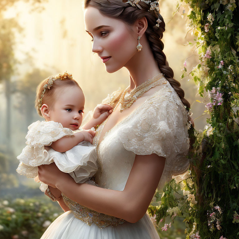 Woman in lace dress holding baby in serene garden setting