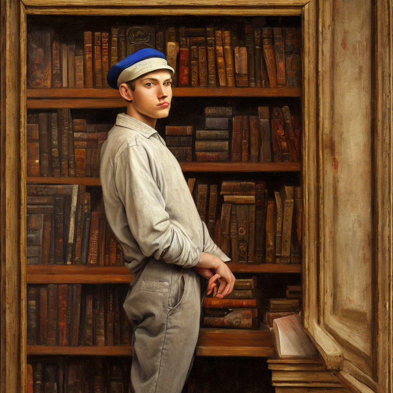 Young man in sailor cap beside bookshelf with aged books