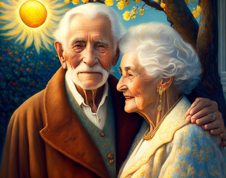 Elderly couple embracing under glowing sun near tree