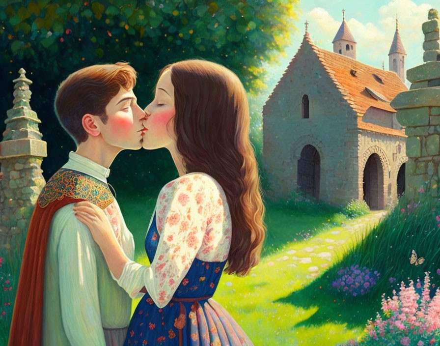 Young Couple Kiss in Historical Clothing Amid Serene Meadow