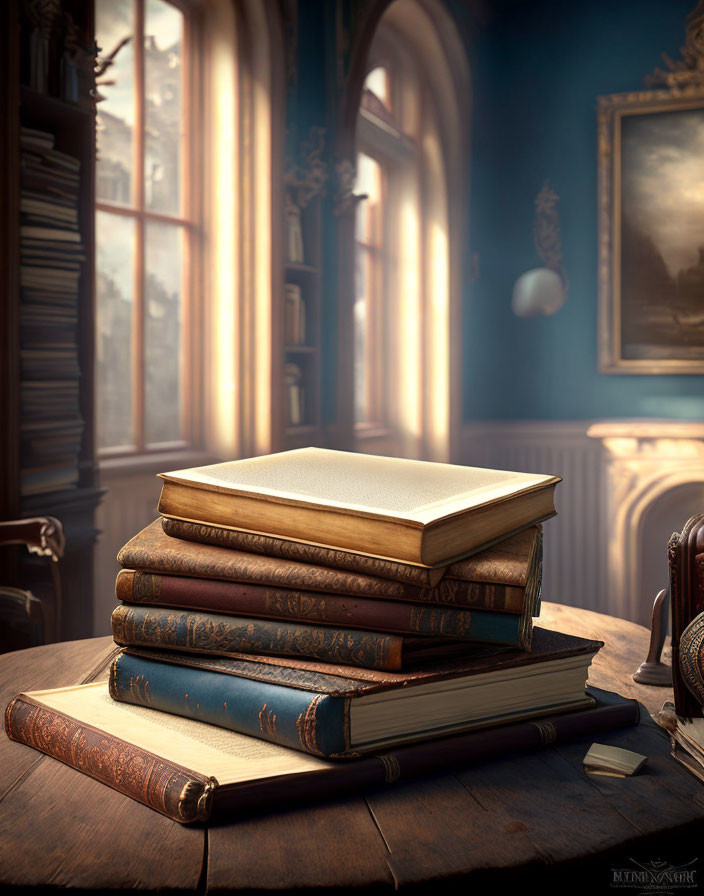 Antique Books Stack on Wooden Desk in Sunlight