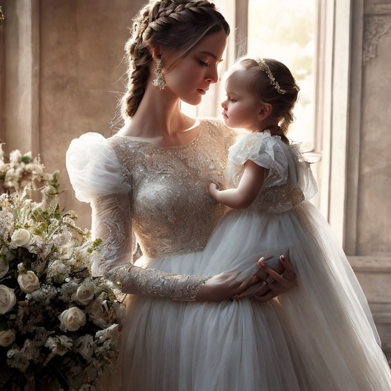 Bride embracing young girl in elegant setting