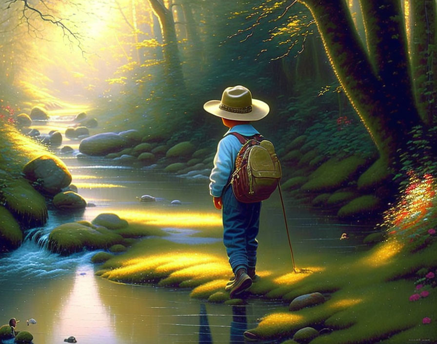 Person with hat and backpack walking by forest creek with vibrant greenery and colorful flowers