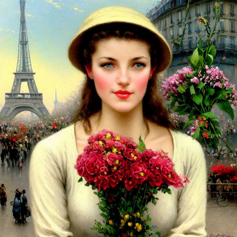 Vintage Outfit Woman Holding Red Roses with Eiffel Tower Background