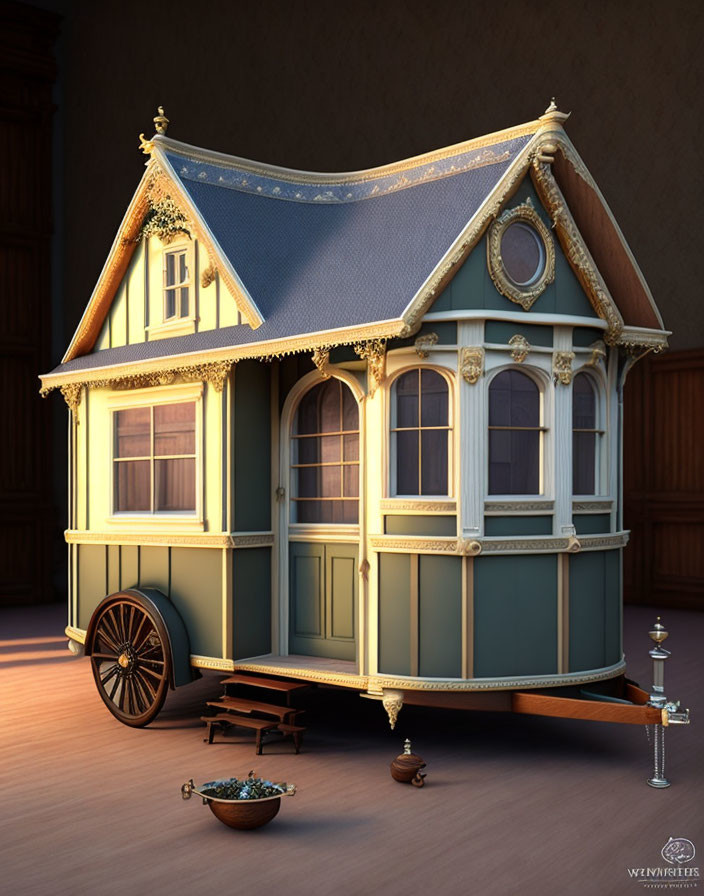 Detailed Victorian-style house model with blue roof on wheels displayed indoors