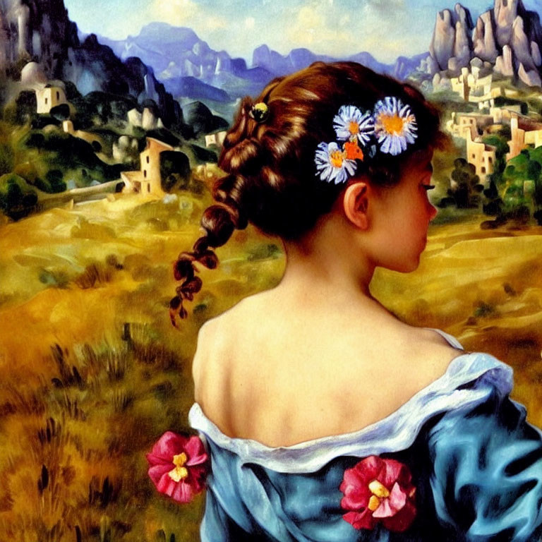 Young girl with flowers in hair admires village nestled among mountains