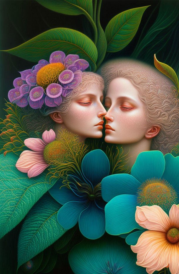 Ethereal faces amidst vibrant fantastical flora evoking nature and beauty