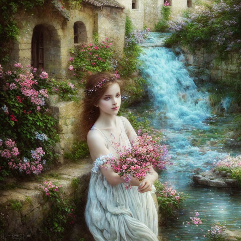 Young woman with floral crown by stream and stone house backdrop