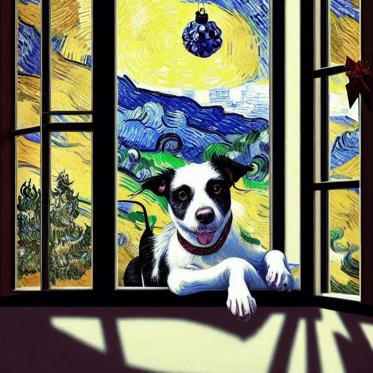 Black and white fur dog smiling by a window with Van Gogh's "Starry Night" in