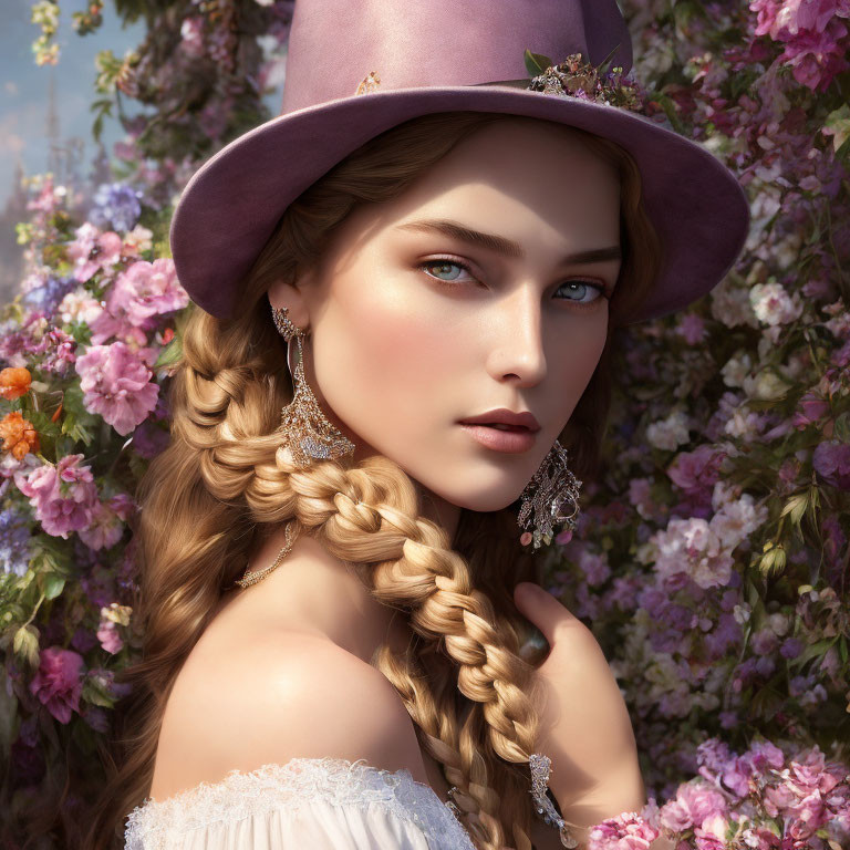 Woman with braided hair in lavender hat amid blooming flowers and elegant earrings.