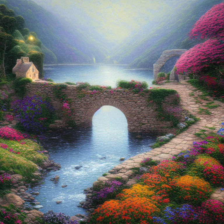 Tranquil sunset scene: stone bridge, cottage, blooming plants