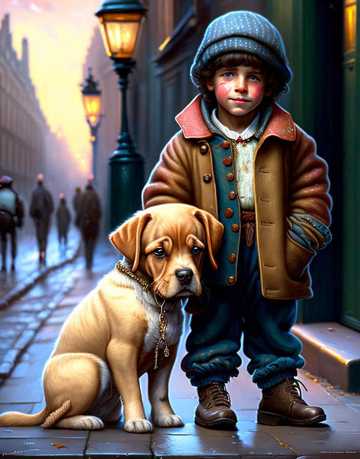 Child and puppy on city street with vintage lamps and pedestrians