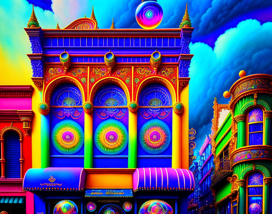 Colorful Psychedelic Street Illustration with Ornate Buildings