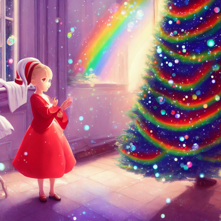 Young girl in red Christmas dress admires colorful tree with falling snowflakes and rainbow