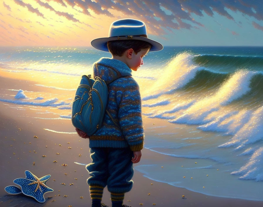 Young boy on beach at sunset with starfish and backpack