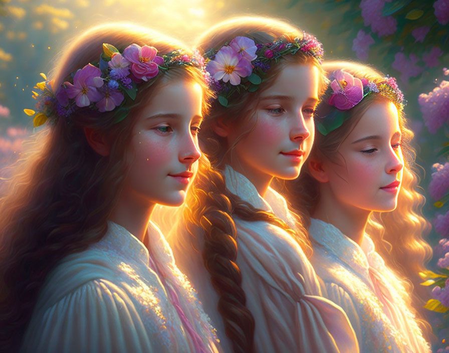 Three young women with braided hair and floral crowns in warm sunlight