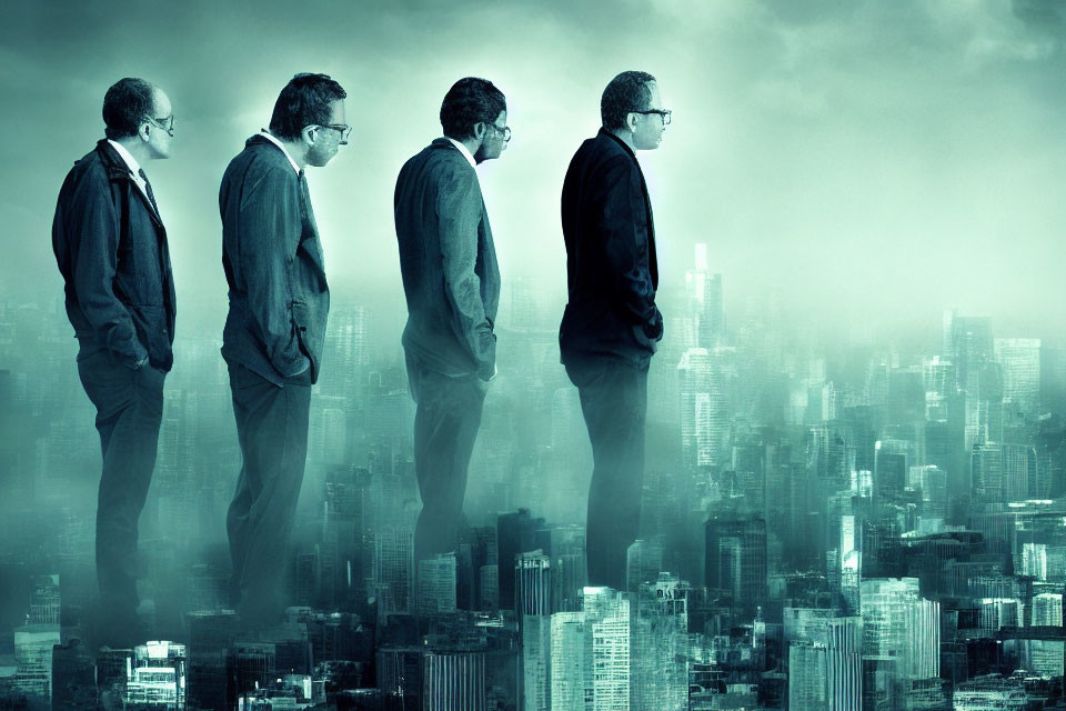 Four Men in Suits Contemplate Cityscape in Mist