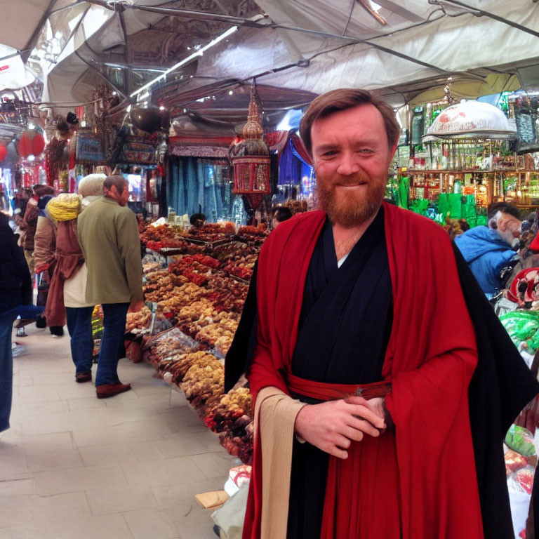 Person in Jedi robe costume smiling in vibrant market scene