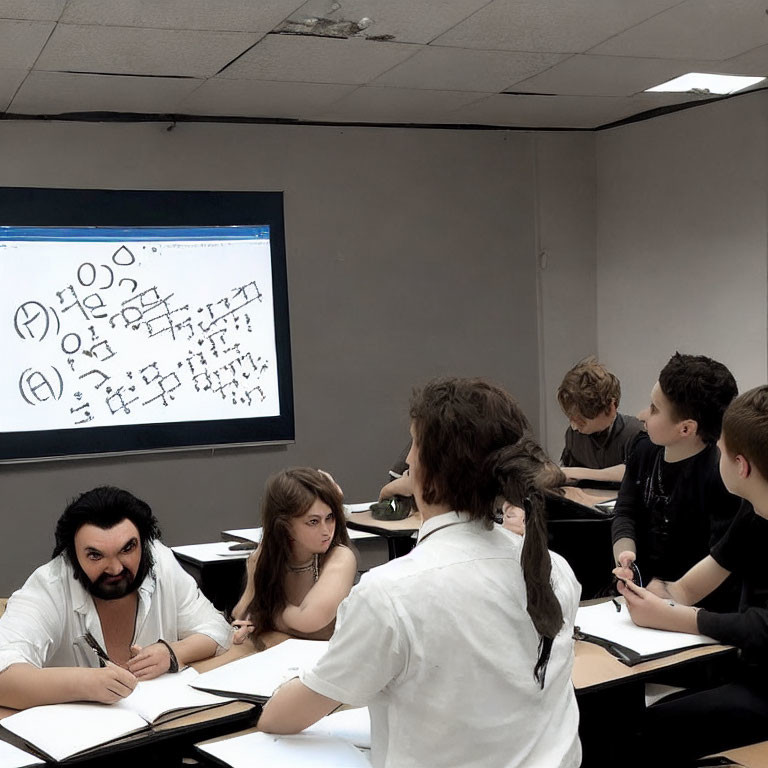 Students listening to lecture at whiteboard with diagrams and equations