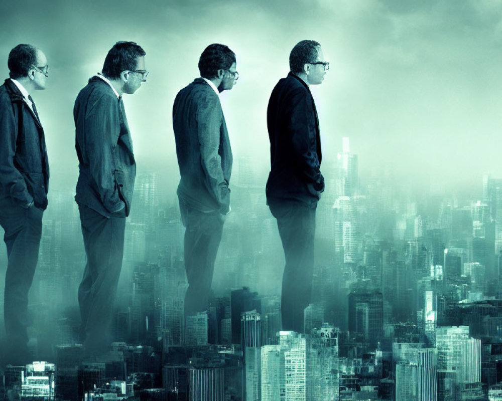 Four Men in Suits Contemplate Cityscape in Mist