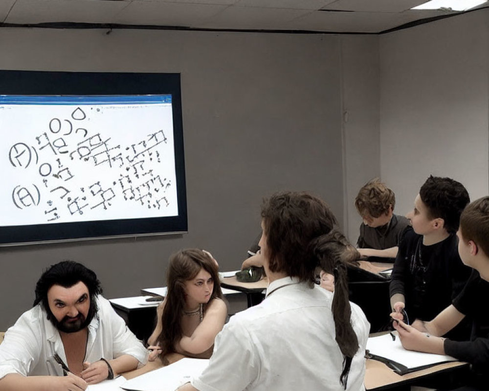 Students listening to lecture at whiteboard with diagrams and equations