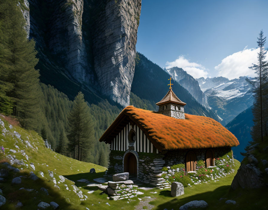 Traditional church with grass roof in mountain valley under blue sky