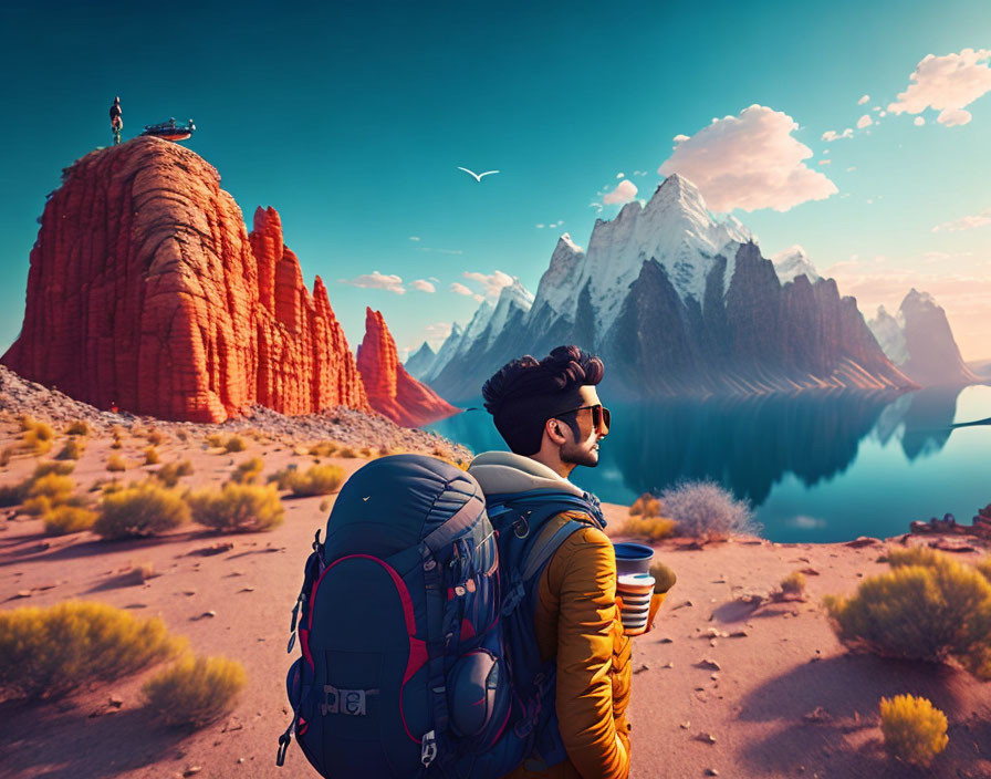 Traveler admiring mountains and lake scenery with rock formations and birds.