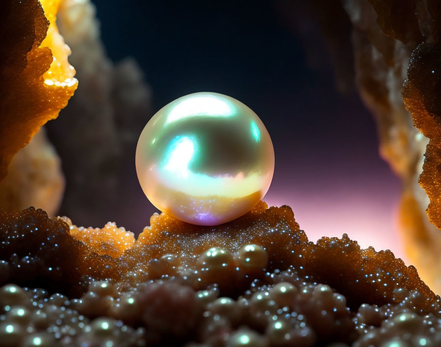 Shiny pearl on amber crystals with dark bokeh background