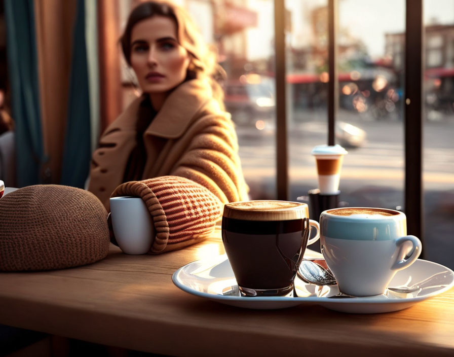 Woman in warm coat at café window with coffee cups and sunlight