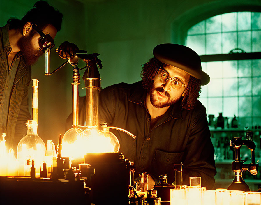 Vintage laboratory scene with two individuals and scientific equipment in illuminated setting.