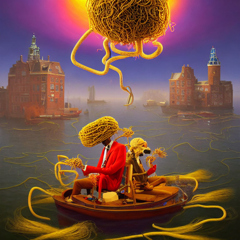 Surreal city river scene with yarn-headed figures and giant yarn ball