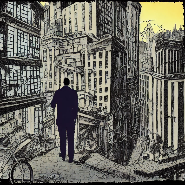 Man in suit gazes at chaotic urban sketch.